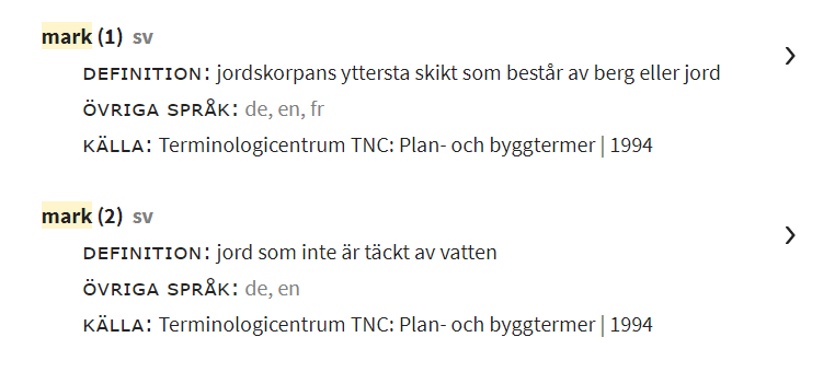 Skärmdump på termposter med siffror i parentes