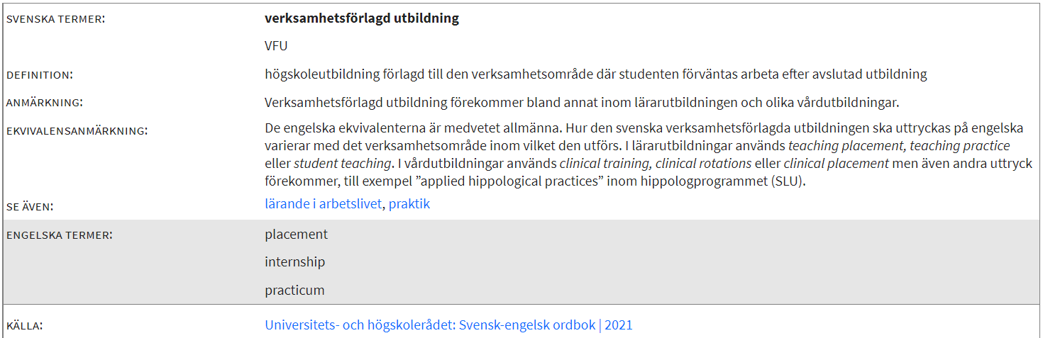 Skärmdump på termposten verksamhetsförlagd utbildning